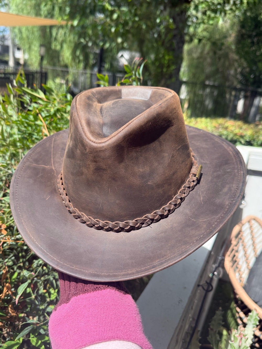 Stetson Distressed Brown Leather Outback Hat with Braided Band